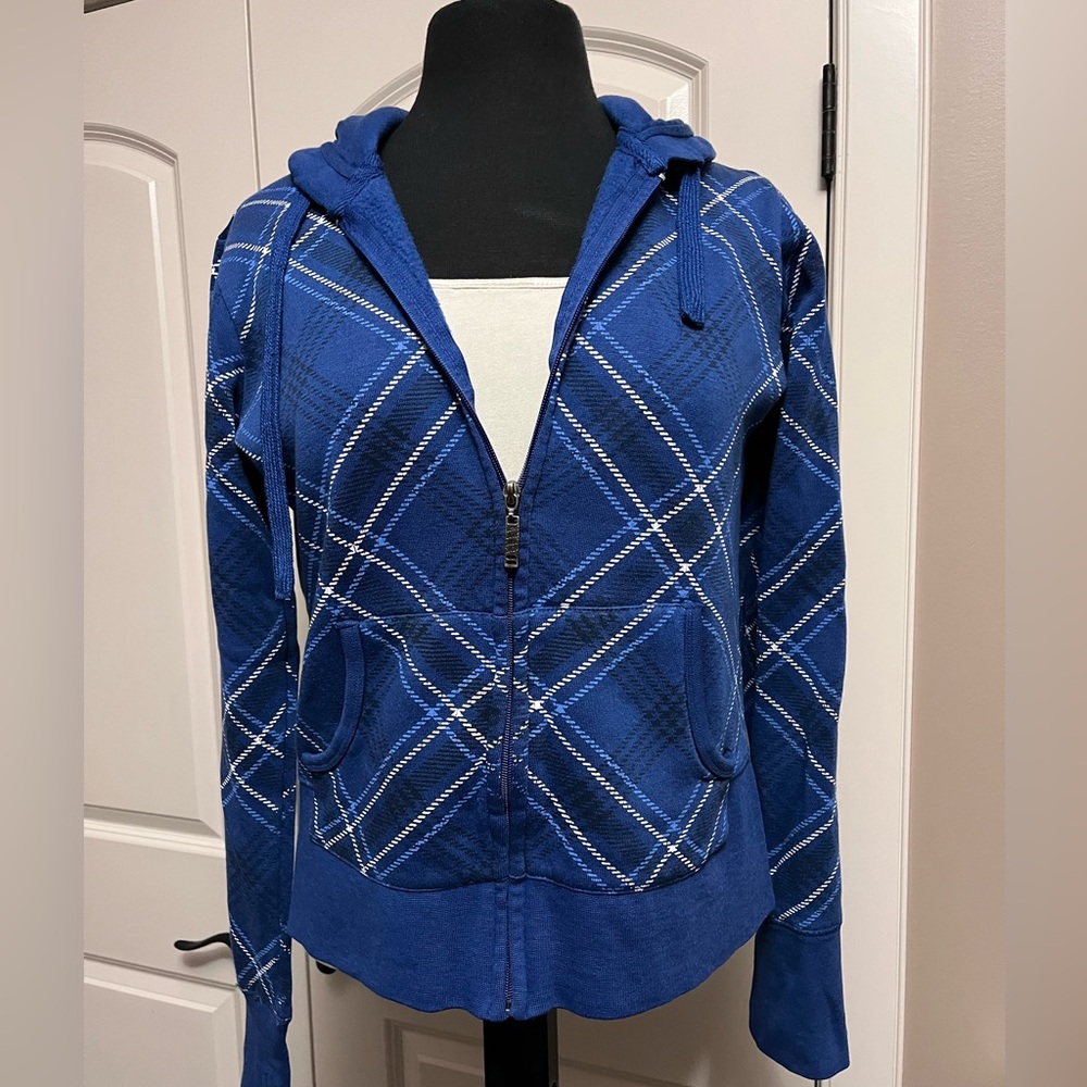 3 for $30 Blue Zip-Up Hoodie w Diagonal Plaid Design